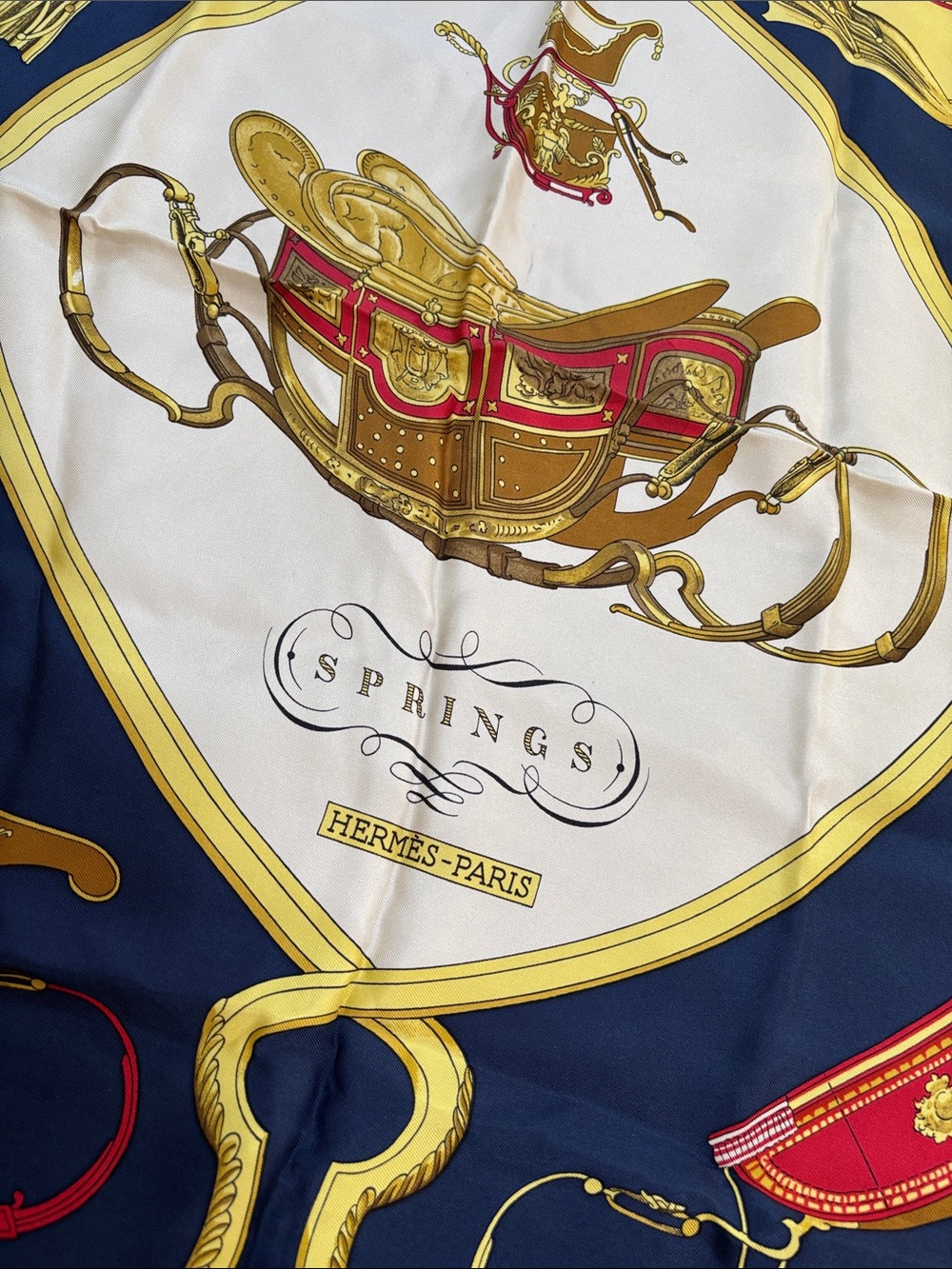 Authentic HERMES Carre 90 Scarf "SPRINGS" Silk Blue Navy
